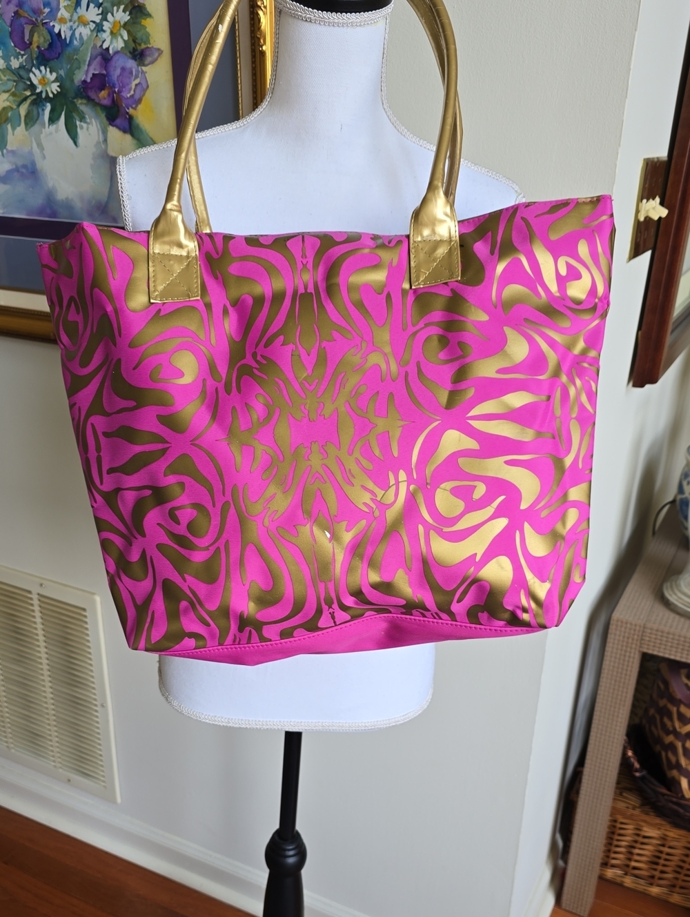 Pink and Gold Patterned Tote Bag with Metallic Handles